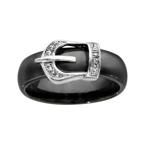 BAGUE ARGENT RHODIÉ CERAMIQUE NOIRE MOTIF CEINTURE OXYDES BLANCS MICRO SERTIS