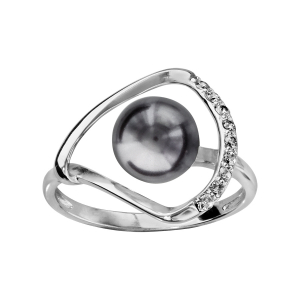 BAGUE ARGENT RHODIÉ PERLE SYHNT GRISE AVEC OXYDES BLANCS SERTIS
