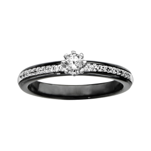 BAGUE ARGENT RHODIÉ ANNEAU CERAMIQUE NOIRE AVEC INTERIEUR ALLIANCE OXYDES MICRO SERTIS BLANCS ET OXYDE BLANC SERTI GRIFFES