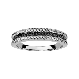 BAGUE ARGENT RHODIÉ 3 RANGS 2 OXYDES BLANCS SERTIS 1 RANG OXYDES NOIRS