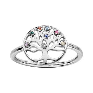 BAGUE ARGENT RHODIÉ RONDELLE MOTIF ARBRE DE VIE PIERRES SYNTHETIQUE MULTI COULEURS