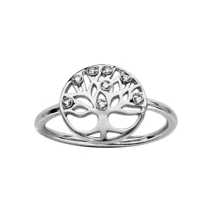 BAGUE ARGENT RHODIÉ RONDELLE MOTIF ARBRE DE VIE PIERRES SYNTHETIQUE BLANCHES