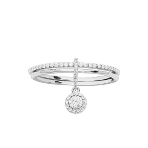 BAGUE ARGENT RHODIÉ DOUBLE ANNEAU 1 LISSE 1 RAIL OXYDES BLANCS SERTIS AVEC PAMPILLE OXYDES BLANCS SERTIS