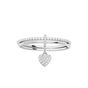 BAGUE ARGENT RHODIÉ DOUBLE ANNEAU 1 LISSE 1 RAIL OXYDES BLANCS SERTIS AVEC PAMPILLE COEUR OXYDES BLANCS SERTIS