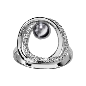 BAGUE ARGENT RHODIÉ DOUBLE CERCLE AVEC PERLE SYNTHETIQUE GRISE