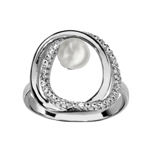 BAGUE ARGENT RHODIÉ DOUBLE CERCLE AVEC PERLE IMITATION BLANCHE