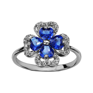 BAGUE ARGENT RHODIÉ TREFLE PIERRES SYNTHETIQUE BLEU ENTOURAGE OXYDES BLANCS SERTIS