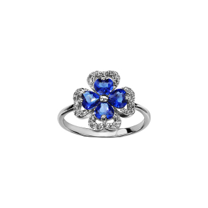 BAGUE ARGENT RHODIÉ TREFLE PIERRES SYNTHETIQUE BLEU ENTOURAGE OXYDES BLANCS SERTIS