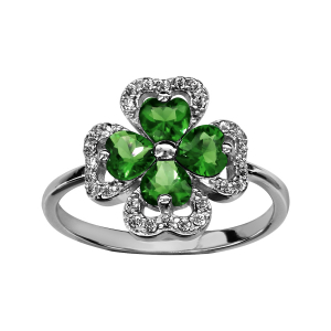 BAGUE ARGENT RHODIÉ TREFLE PIERRES SYNTHETIQUE VERTES ENTOURAGE OXYDES BLANCS SERTIS