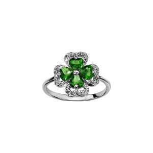 BAGUE ARGENT RHODIÉ TREFLE PIERRES SYNTHETIQUE VERTES ENTOURAGE OXYDES BLANCS SERTIS