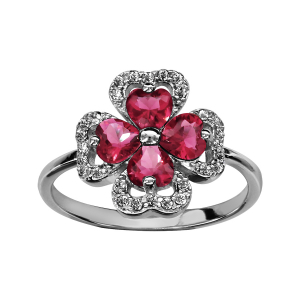 BAGUE ARGENT RHODIÉ TREFLE PIERRES SYNTHETIQUE ROUGES ENTOURAGE OXYDES BLANCS SERTIS