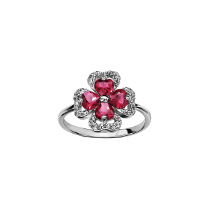 BAGUE ARGENT RHODIÉ TREFLE PIERRES SYNTHETIQUE ROUGES ENTOURAGE OXYDES BLANCS SERTIS