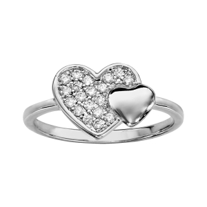 BAGUE ARGENT RHODIÉ DOUBLE COEUR PAVE OXYDES BLANCS ET LISSE