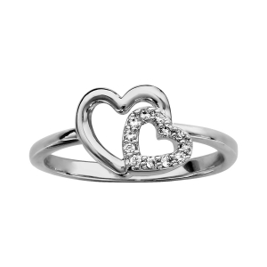 BAGUE ARGENT RHODIÉ DOUBLE COEUR CROISE OXYDES BLANCS