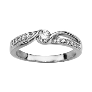 BAGUE ARGENT RHODIÉ SOLITAIRE CROISE OXYDES BLANCS SERTIS