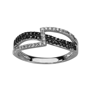 BAGUE ARGENT RHODIÉ FORME Z OXYDES BLANCS CROISEES NOIRS
