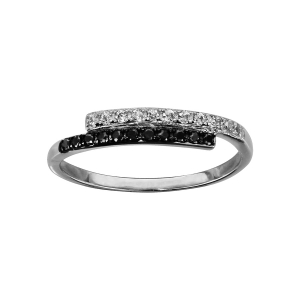 BAGUE ARGENT RHODIÉ BATONS OXYDES BLANCS ET PIERRES NOIRES SYNTHETIQUE SERTIS