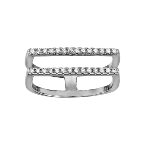 BAGUE ARGENT RHODIÉ DOUBLE ANNEAU 2 RAILS HORIZONTAUX OXYDES BLANCS SERTIS
