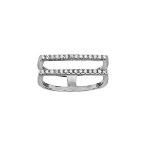 BAGUE ARGENT RHODIÉ DOUBLE ANNEAU 2 RAILS HORIZONTAUX OXYDES BLANCS SERTIS