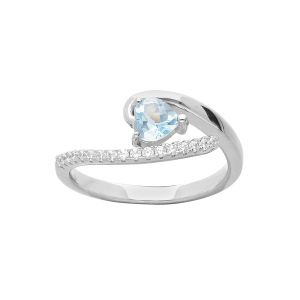 BAGUE ARGENT RHODIÉ COEUR TOPAZE BLEU CIEL VÉRITABLE ET OXYDES BLANCS SERTIS