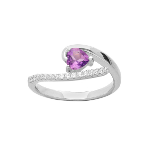 BAGUE ARGENT RHODIÉ COEUR AMÉTHYSTE VÉRITABLE ET OXYDES BLANCS SERTIS