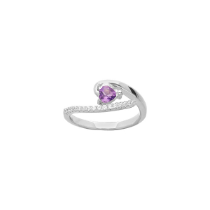 BAGUE ARGENT RHODIÉ COEUR AMÉTHYSTE VÉRITABLE ET OXYDES BLANCS SERTIS