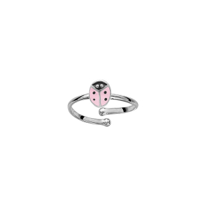 BAGUE ARGENT RHODIÉ ENFANT COCCINELLE RÉSINE ROSE REGLABLE DU 42 AU 46