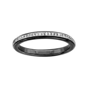 BAGUE ARGENT ET CERAMIQUE NOIRE RAIL OXYDES BLANCS SERTIS