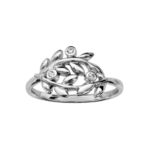 BAGUE ARGENT RHODIÉ FEUILLAGE OXYDES BLANCS SERTIS