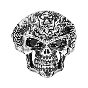 BAGUE ARGENT PATINE GROSSE TETE DE MORT 2 PIERRES SYNTHETIQUE NOIRES