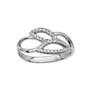BAGUE ARGENT RHODIÉ FEUILLAGE AJOURE OXYDES BLANCS SERTIS
