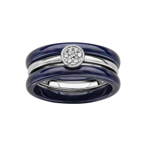 BAGUE ARGENT RHODIÉ DOUBLE ANNEAU CERAMIQUE BLEU MARINE ET 1 SOLITAIRE OXYDES BLANCS SERTIS CLOS