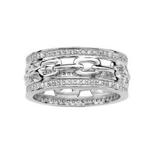 BAGUE ARGENT RHODIÉ ANNEAU LARGE MOTIF MAILLE AJOUREE CONTOUR OXYDES BLANCS SERTIS