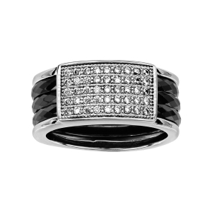 BAGUE ARGENT RHODIÉ ET 3 ANNEAUX CERAMIQUE NOIRE FACETES PAVE OXYDES BLANCS SERTIS