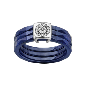 BAGUE ARGENT RHODIÉ 3 ANNAUX CERAMIQUE BLEU FACETE ET PAVE OXYDES BLANCS SERTIS