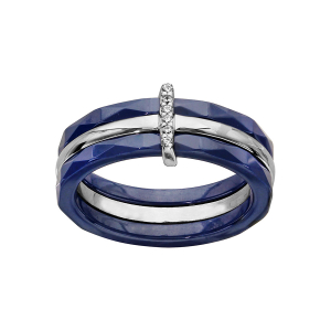 BAGUE ARGENT RHODIÉ 3 ANNEAUX DONT 2 CERAMIQUE BLEU OXYDES BLANCS SERTIS