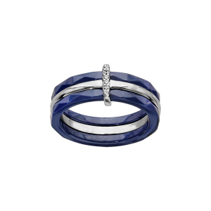 BAGUE ARGENT RHODIÉ 3 ANNEAUX DONT 2 CERAMIQUE BLEU OXYDES BLANCS SERTIS