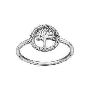 BAGUE ARGENT RHODIÉ PETIT ARBRE DE VIE CONTOUR OXYDES BLANCS SERTIS