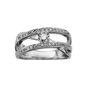 BAGUE ARGENT RHODIÉ OXYDE BLANC CENTRAL ET 2 RANGS OXYDES BLANCS SERTIS