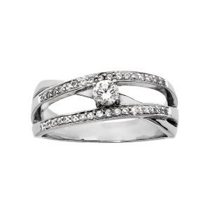 BAGUE ARGENT RHODIÉ GRAND DIAMETRE OXYDE BLANC CENTRAL ET 2 RANGS OXYDES BLANCS SERTIS