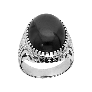 BAGUE ARGENT RHODIÉ MIXTE CABOCHON AGATE NOIRE