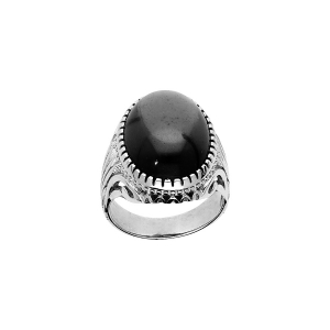 BAGUE ARGENT RHODIÉ MIXTE CABOCHON AGATE NOIRE