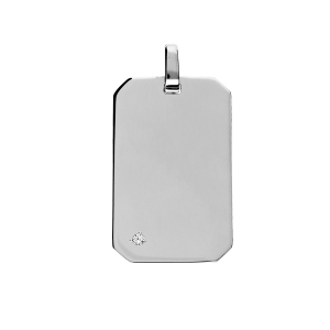 PENDENTIF PLAQUE GI ARGENT RHODIÉ 25*14MM  PANS COUPÉS OXYDE BLANC SERTI
