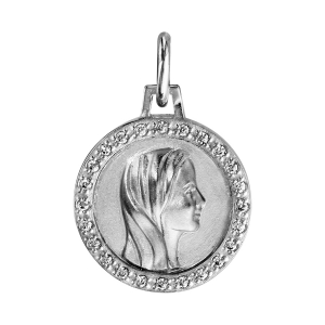 PENDENTIF ARGENT RHODIÉ ROND 16MM VIERGE CONTOUR OXYDES BLANCS SERTIS