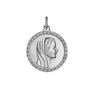PENDENTIF ARGENT RHODIÉ ROND 20MM VIERGE CONTOUR OXYDES BLANCS SERTIS