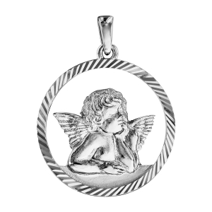 PENDENTIF ARGENT RHODIÉ ROND ANGE CONTOUR AJOURE DIAMANTE