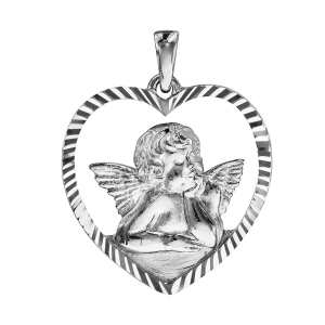 PENDENTIF ARGENT RHODIÉ COEUR ANGE CONTOUR AJOURE DIAMANTE DIM 20 X 19