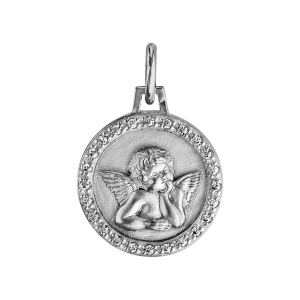 PENDENTIF ARGENT RHODIÉ ROND 15MM ANGE CONTOUR OXYDES BLANCS SERTIS