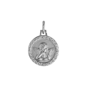 PENDENTIF ARGENT RHODIÉ ROND 15MM ANGE CONTOUR OXYDES BLANCS SERTIS