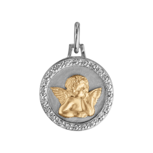 PENDENTIF ARGENT RHODIÉ ET ARGENT DORÉ ROND 15MM ANGE CONTOUR OXYDES BLANCS SERTIS